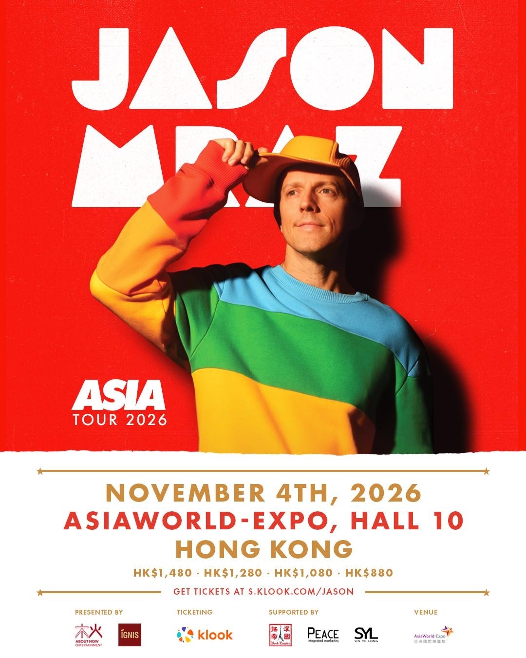 Jason Mraz 香港演唱會門票｜亞洲巡迴香港站，全場座位制，票價HK$880起
